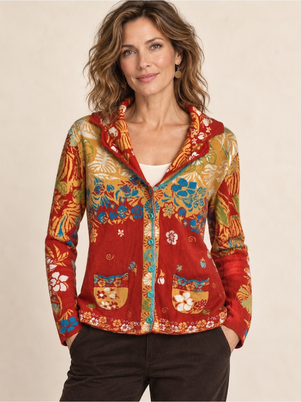 IVKO Floral Jacquard Cardigan Sweater Red Multicolor Cotton XL 42